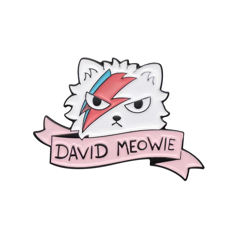 I Love Meow Enamel Pins Custom Oil Painting David Meowie Good Vibe Brooches Lapel Badges Cartoon Animal Fun Jewelry Gift Friends