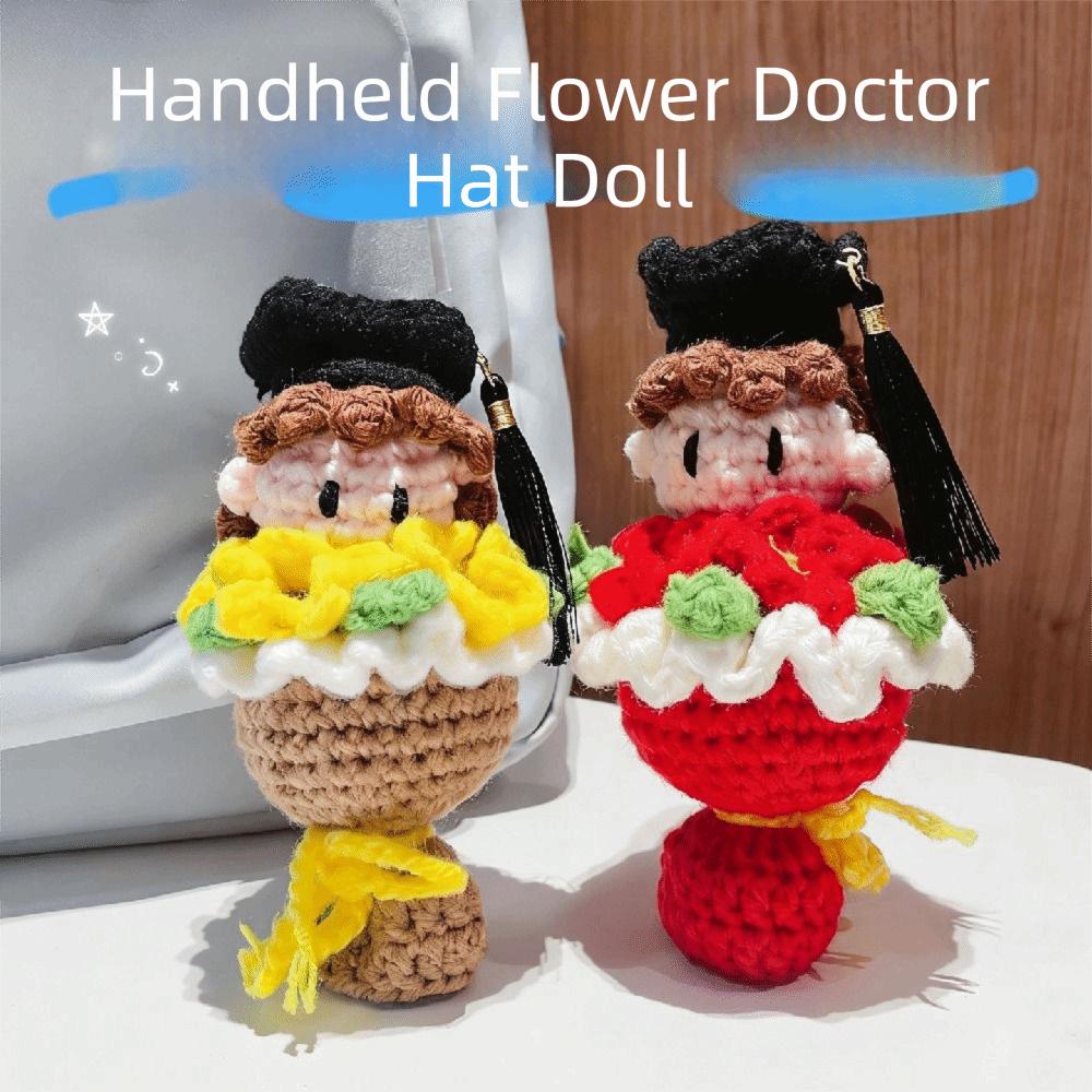 Funny Crochet Bouquet 13cm Doctor Hat Bouquet Doll Handmade Knitted Figures  Graduation Gift