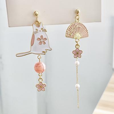 Boucles d'oreilles pendantes en forme d'animal mignon pour femmes, bijoux asymétriques en forme de ventilateur de chat, style bohémien, cadeau de fête