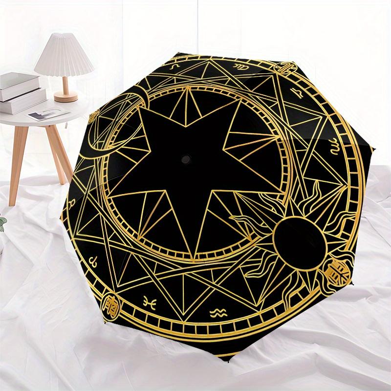 Golden Star Moon Sun Symbol Circular DecalUmbrella, Portable 3-Fold Umbrella for Men & Women,Christmas Gift ES286
