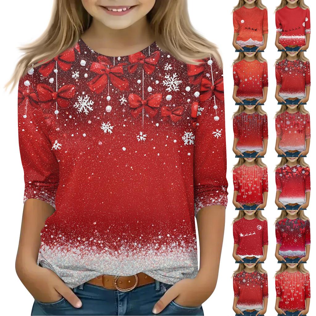 Christmas Day Print Tops For Youth Girls 4-11 Years Round Neck 3/4 Sleeves T-Shirts Trendy Tops Outfit Tees