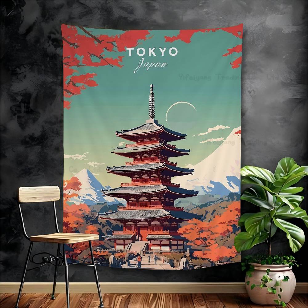 Vintage Japan Tokyo Japanese City Landscape Canvas Cartoon Tapestry Art Science Fiction Room Home Decor Wall Hanging Home Decor