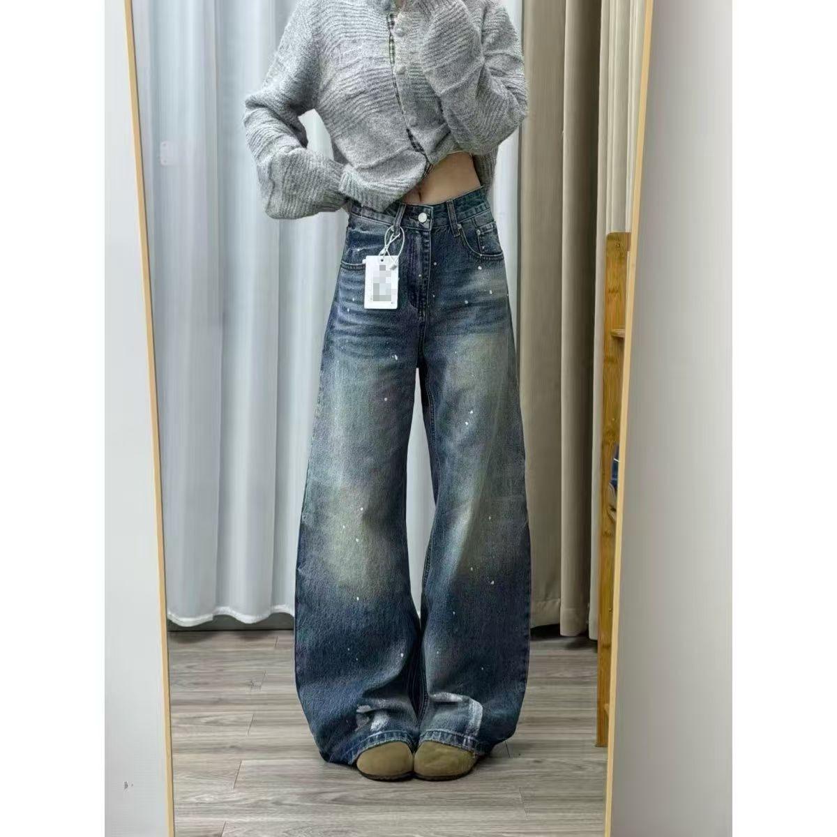 Women s Retro Ink Splatter Denim Jeans - Spring/Summer High Street Style: Slimming, Drapey, Versatile Loose Banana Pants Extra Large