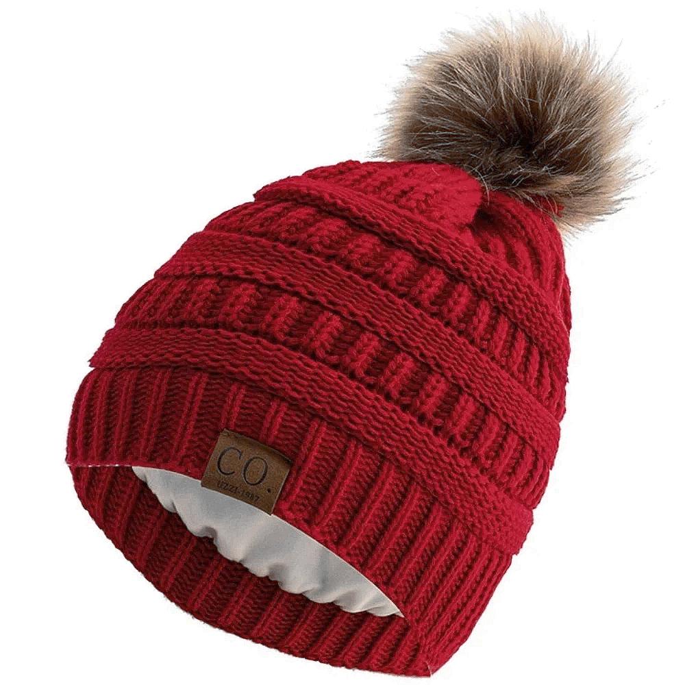 New Anti-Static Beanie Hat Satin Lined Faux Fur Pom Pom Beanies Hat For Woman Winter Warm Knit Hats