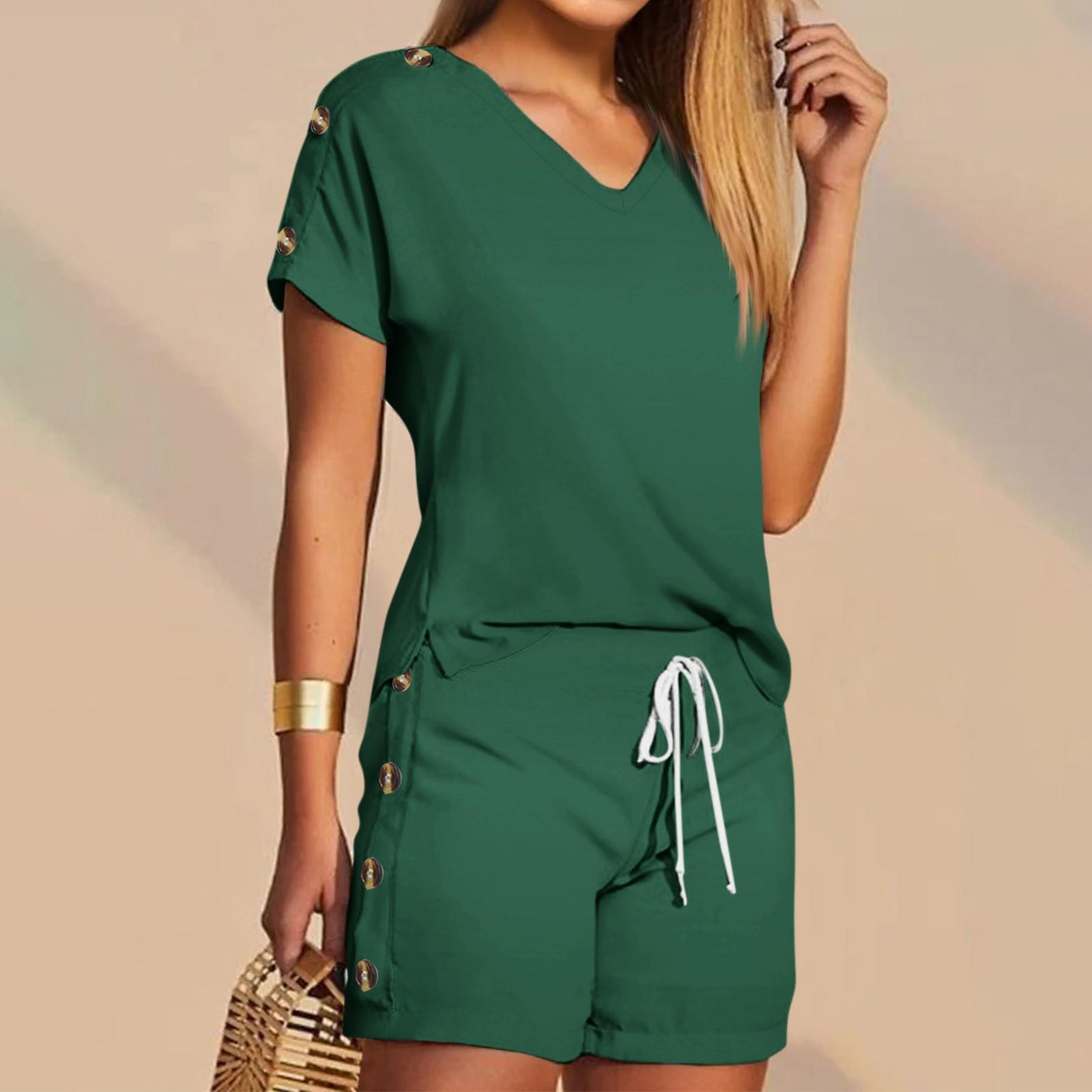 

Женские футболки, футболки, шорты, комплекты с графикой, повседневные однотонные комплекты с V-образным вырезом, стандартная посадка XXL