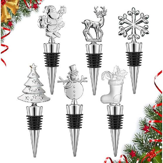 6pcs Wine Bottle Stoppers, Christmas Decorative Wine Stoppers set, Individual Package Reusable Alloy Wine Stopper Suitable for Christmas Party,