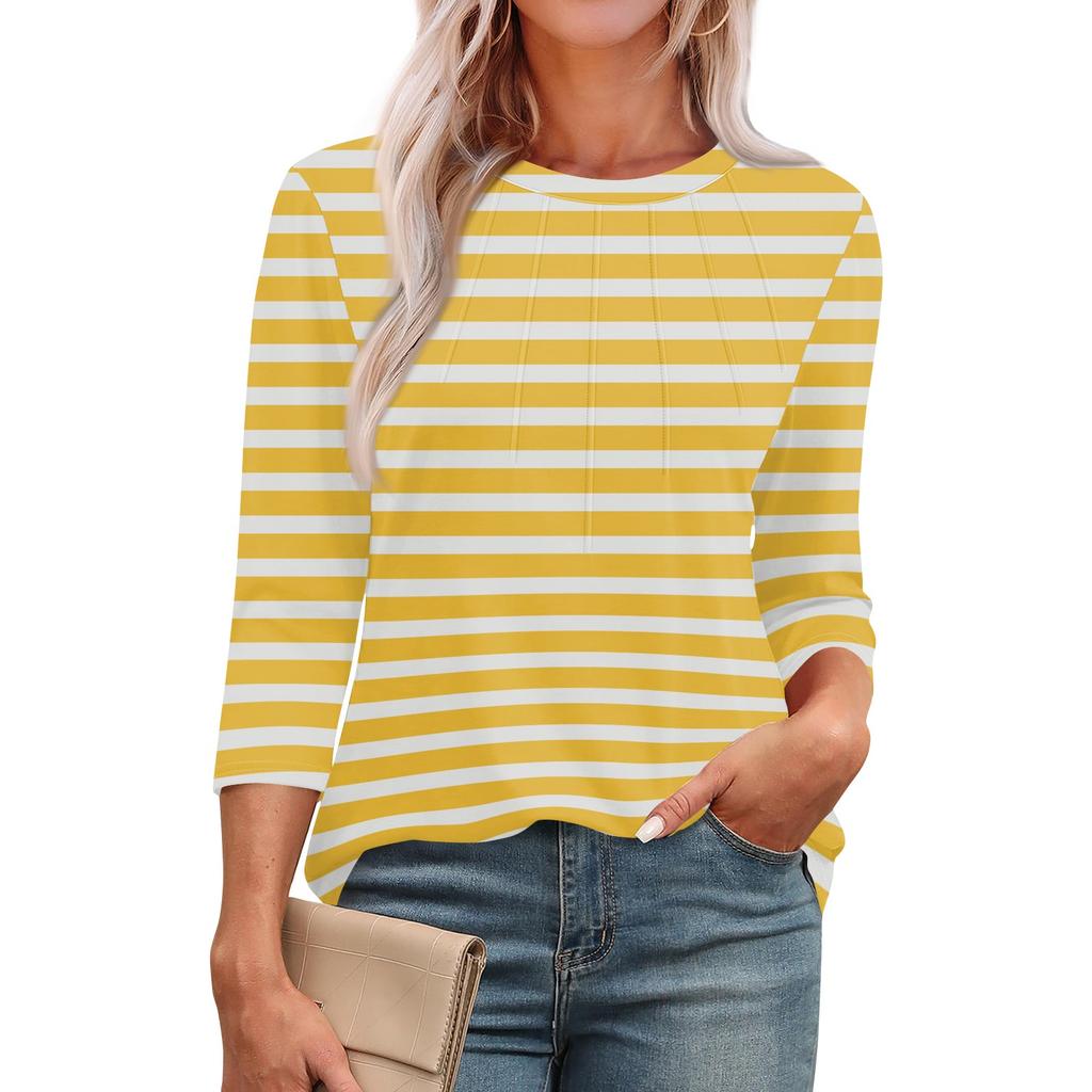 Omen's Modisches Rundhals 3/4-Ärmel Bedrucktes Lässiges Basic Plissiertes Pullover T-Shirt Top