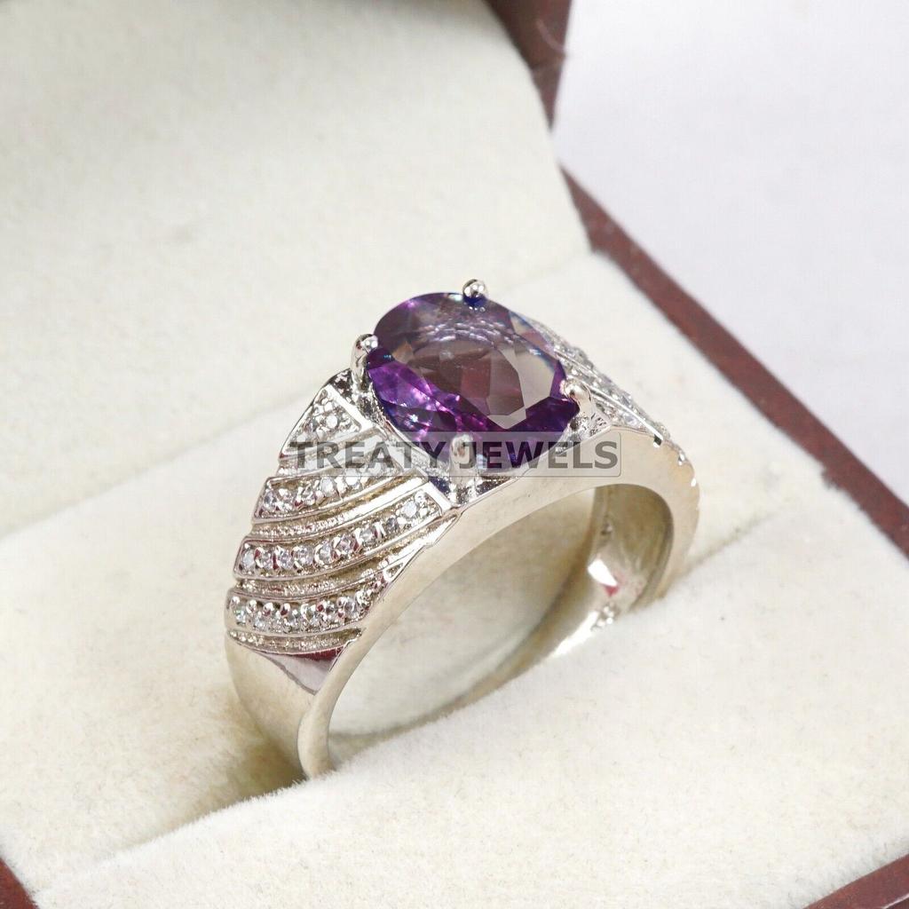 Alexandrite Oval Cut Gemstone With 925 Sterling Silver Ring For Men's #A639 JL375656925312