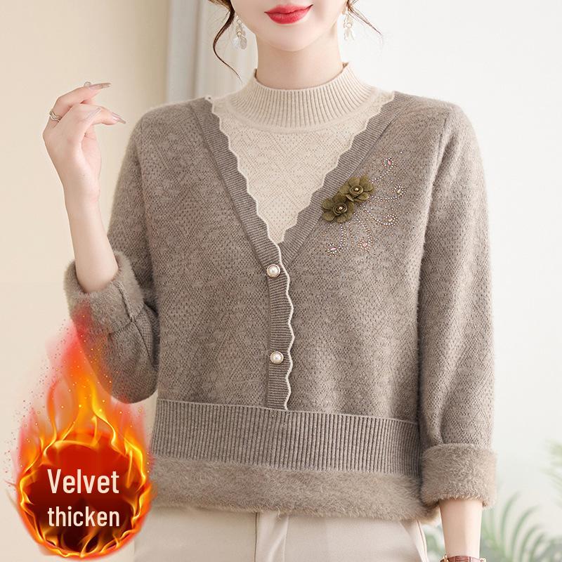 Women's Winter Knit Sweater with Fleece Lining, Faux Two-Piece, Thickened & Warm