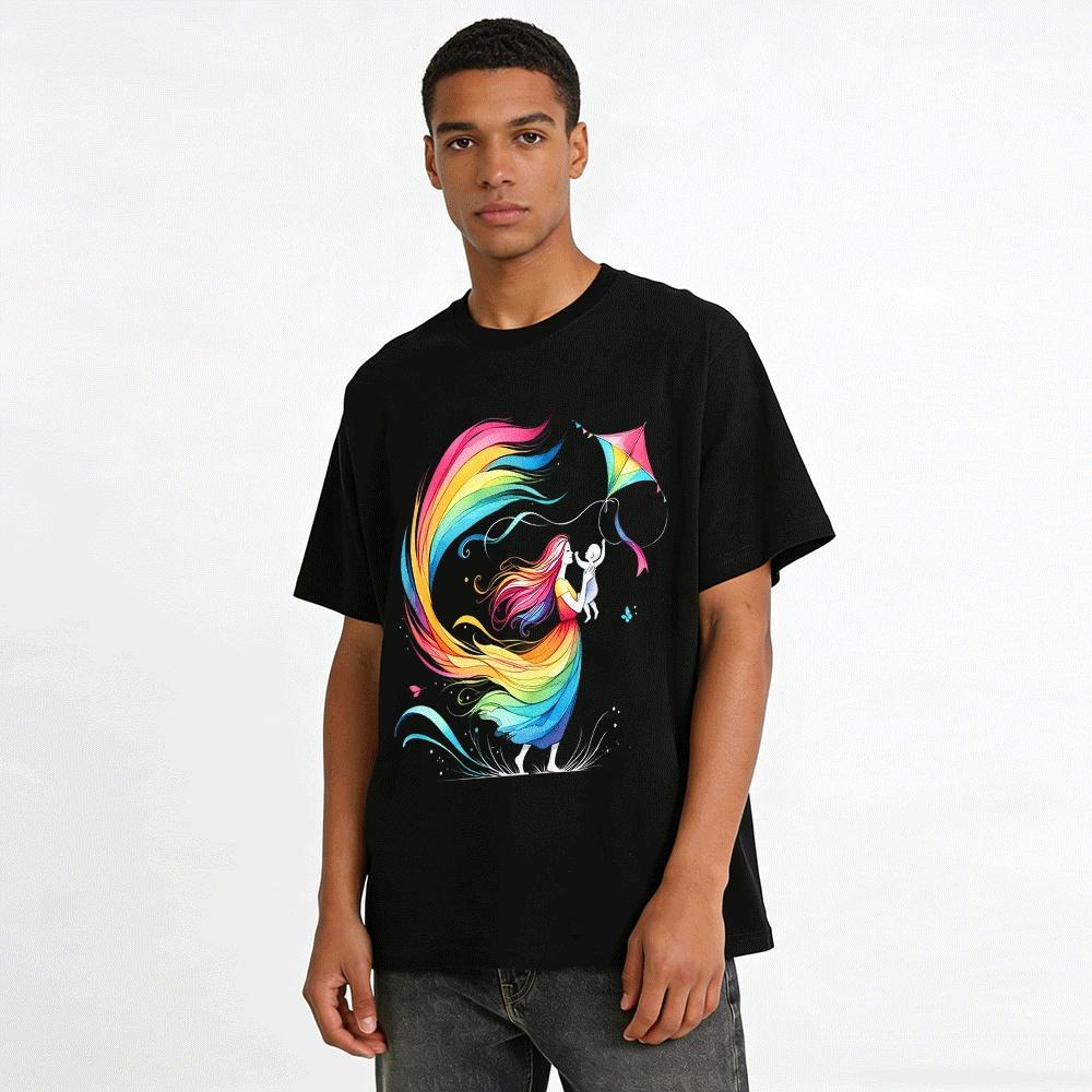 Regenbogen Eltern-Kind Drachen Druck Lässiges Oberteil Warm Mama Liebe Thema T-Shirt Reines Baumwoll-T-Shirt