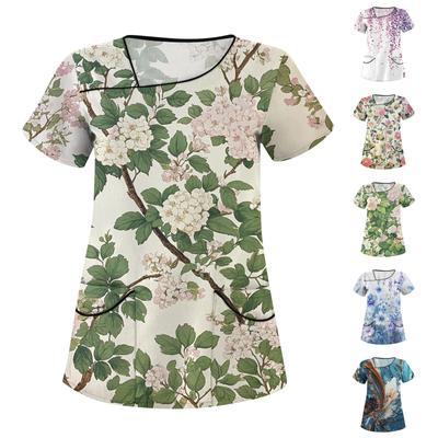 Women's Casual  Print Short Sleeve Sloping Collar Workwear Top With Double Pockets
