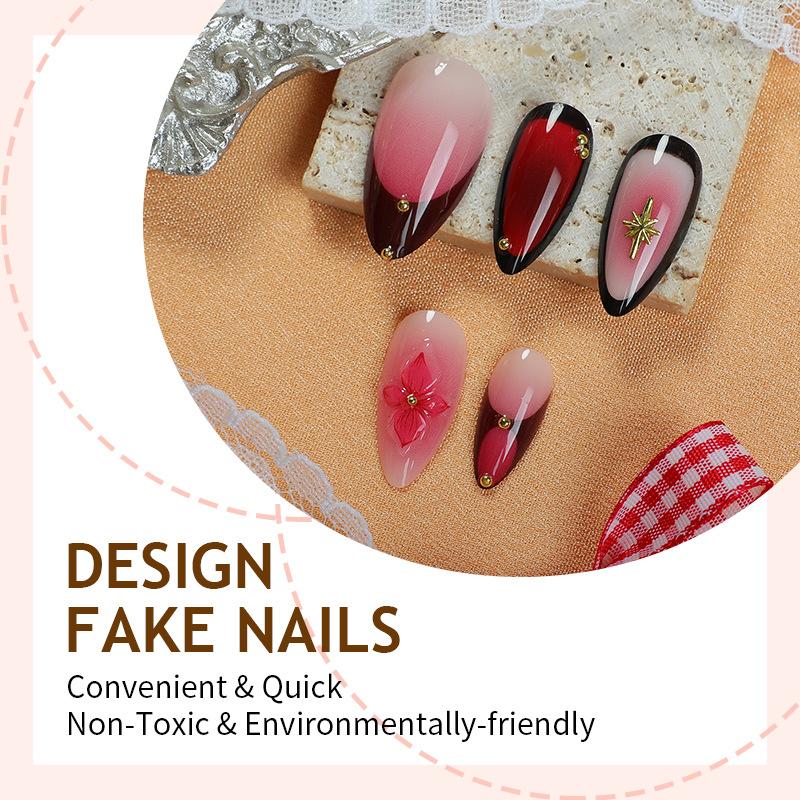 24 STÜCKE Retro Rot Rouge Farbverlauf Französisches Falschnagel-Set Süß Cool Blume Mandel Falsche Nägel für Frauen Tragbare Luxus Nagelspitzen Kunst