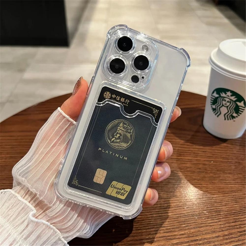 Luxury Soft Transparent Card Slot Holder Phone Case For iPhone 15 14 11 12 13 Pro Max Mini X XS XR 7 8 Plus SE Bag Wallet Cover