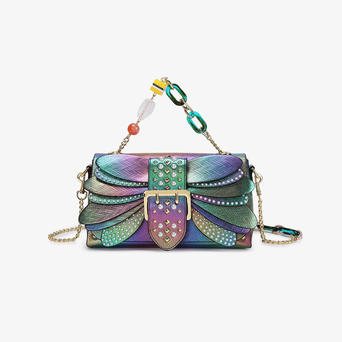 

Pearl Colorful Rivet Wing Bag With Leather Tide Bag Chain Gradual Change Handbag Dinner Bag Dragonfly Shoulder Bag
