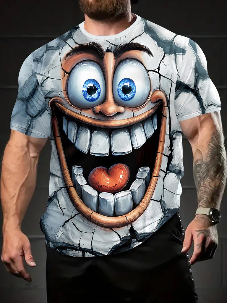 3D Cartoon Face Print Men'S Round Neck T-Shirt – Summer Casual Fashion Top, Breathable Outdoor Wear for Running & Gym, Fun Gift Idea for Trendy