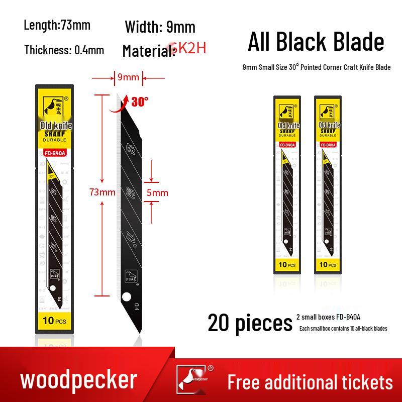 Woodpecker 9mm Craft Knife: 30-Degree Pointed Blade for Film & Wallpaper.