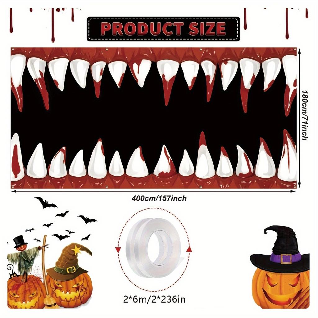 1 piece Halloween garage banner sharp teeth and blood mouth design 28 teeth outdoor garage festival decoration