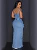 Trendy Sexy Denim Set: Zipper Spaghetti Strap Top & Split Long Skirt with Pockets