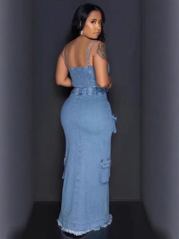 Trendy Sexy Denim Set: Zipper Spaghetti Strap Top & Split Long Skirt with Pockets