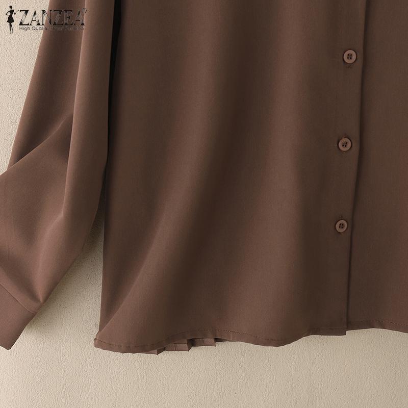 ZANZEA Damska bluzka z kołnierzykiem typu „knebel” i luźnym, swobodnym długim rękawem