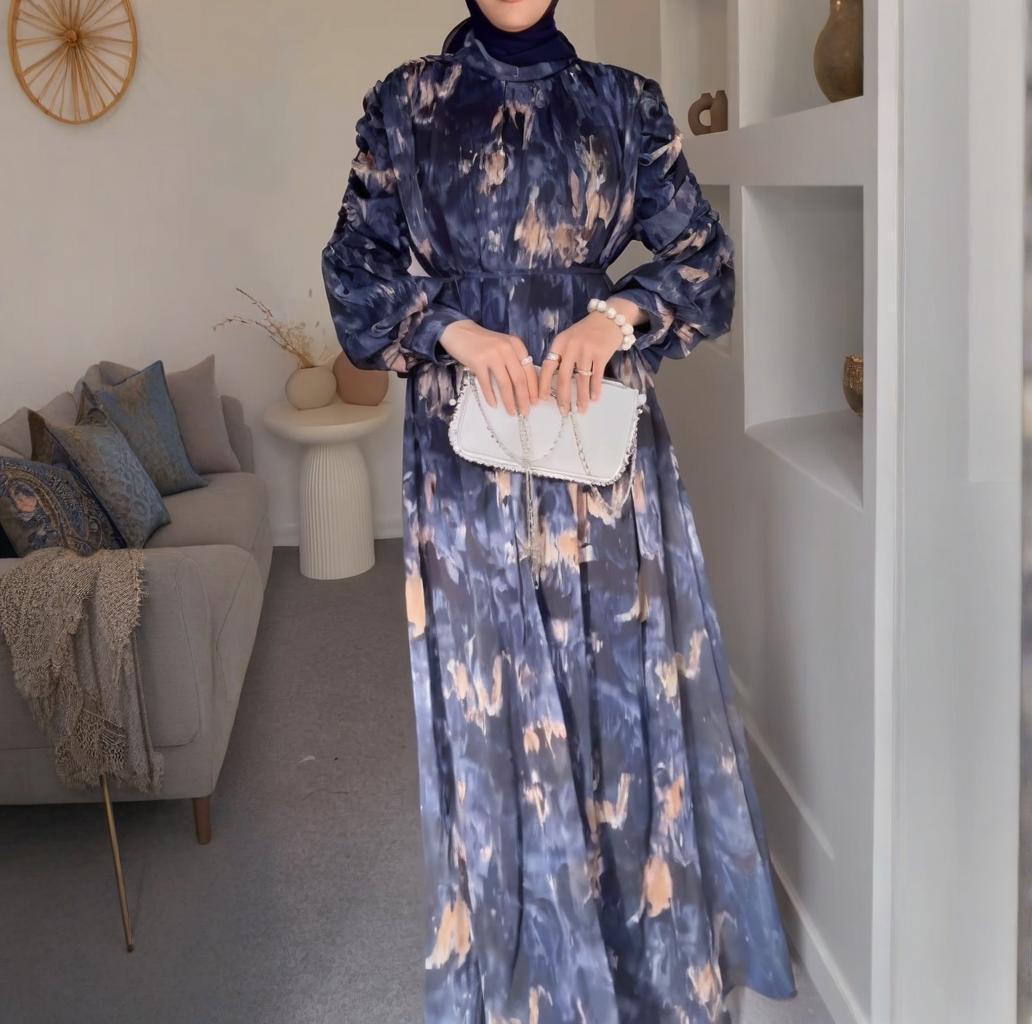 

Весна 2025 Ближневосточное платье с круглым вырезом и принтом, женское, с длинным рукавом, свободное, повседневное Double Extra Large