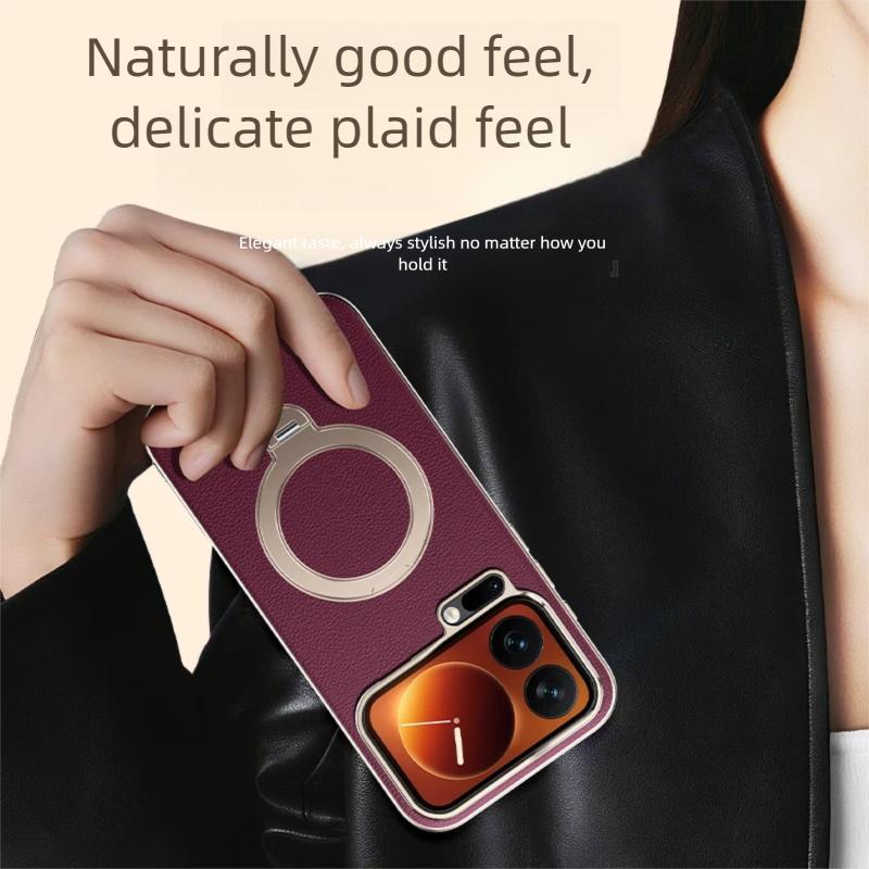 Premium Magnetic Vegan Leather Hidden Stand Cover for Xiaomi 17 Pro Max Case 360 Rotatable Metal Bracket Plating Frame