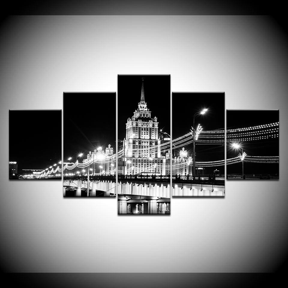 Modern Landscape Black and White Bridge 5 Piece Wallpapers Modern Modular Poster Art Canvas Painting for Living Room Home Decor