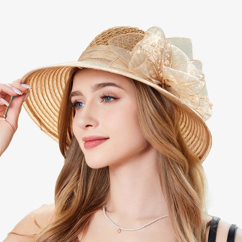 Klobouk letní nový organzový květinový prodyšný klobouk s ochranou proti slunci pro ženy plážový klobouk s přírubou