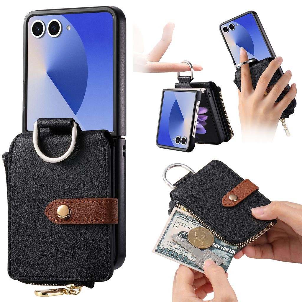 For Samsung Galaxy Z Flip7 5G Case Zipper Pocket Leather + PC Phone Cover with Ring Holder