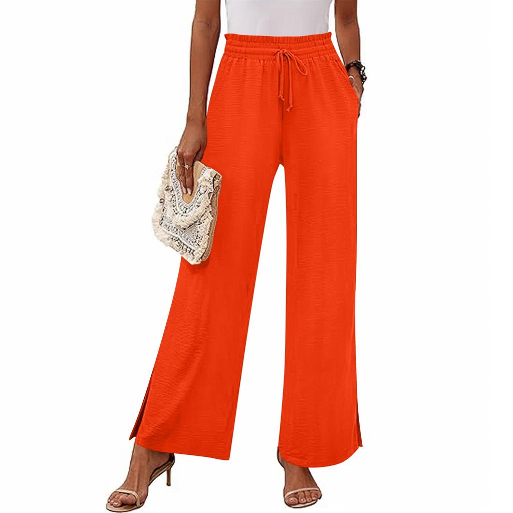 Women's Fashion Loose Wide Leg Pants Slits At The Cuffs Elastic Waist Drawstring Pockets Casual Pants