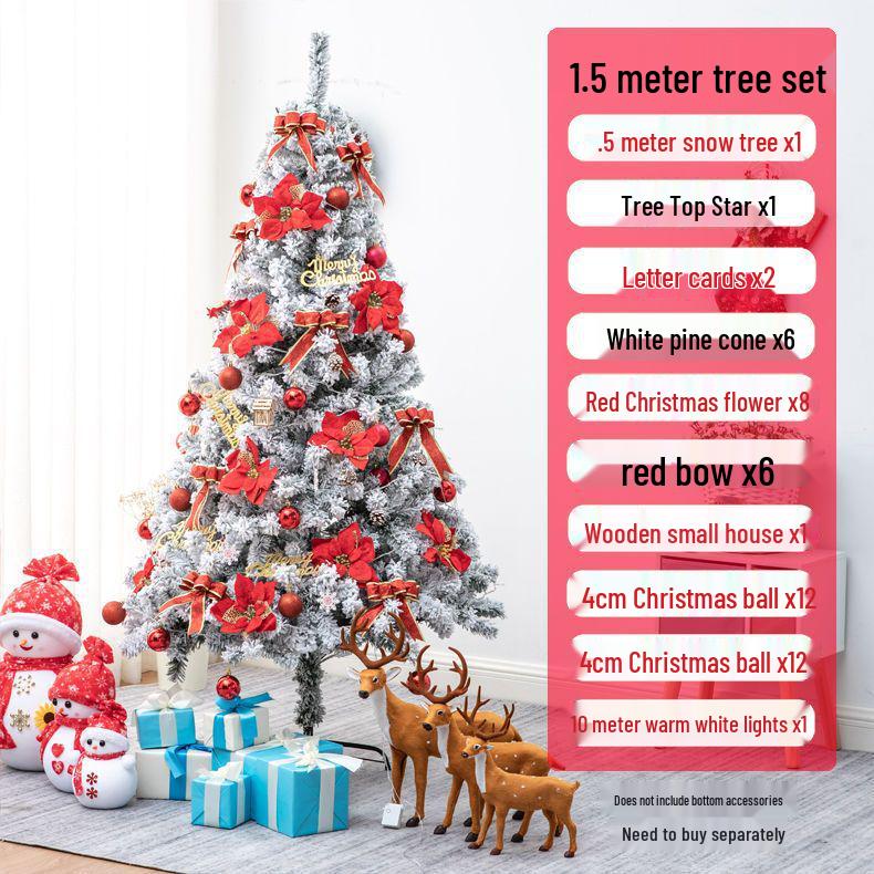 Golden Christmas Tree Set with Ornaments: 1.5m, 1.8m, 2.1m Flocked Pine with White Snow