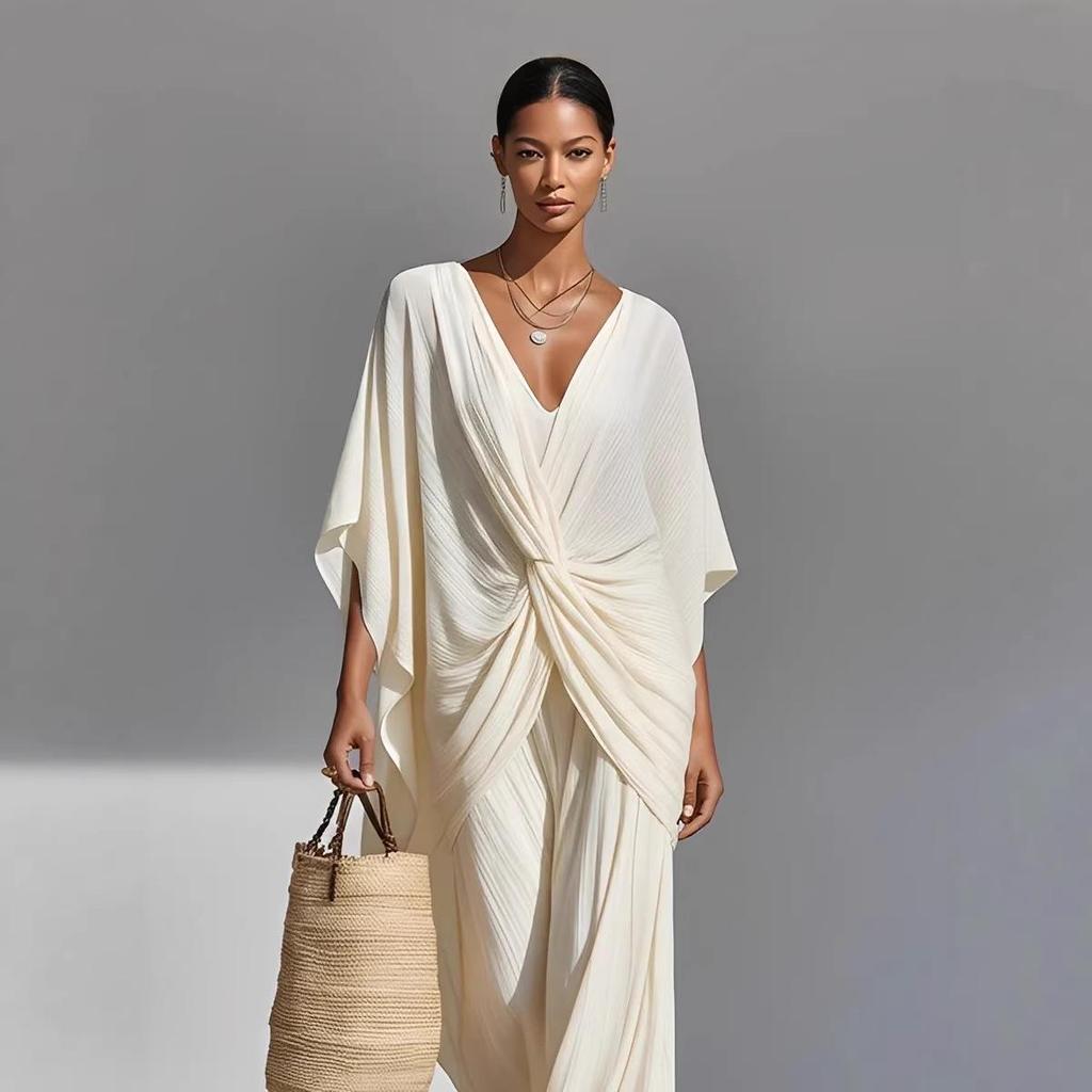 Women's Summer V-Neck Loose Pleated Dress - Resort Style Long Skirt