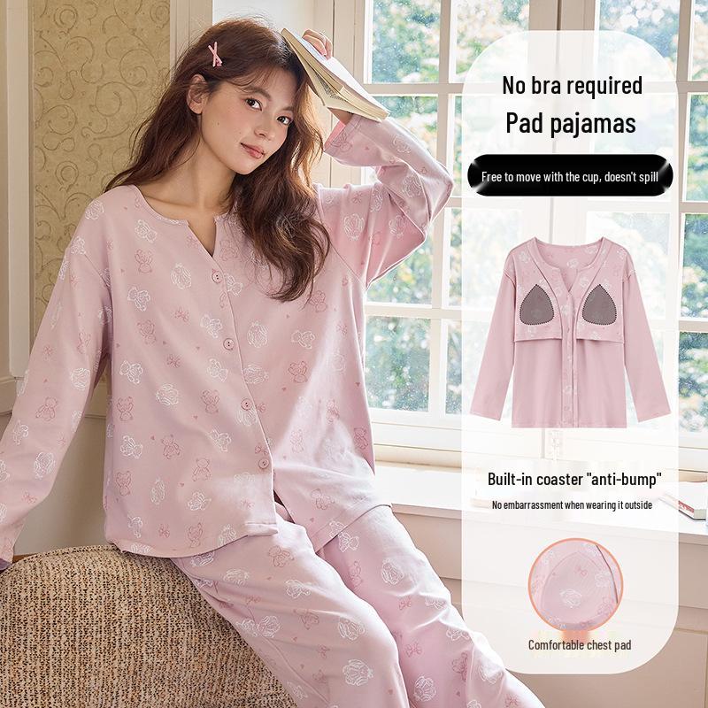 

Women s Long Sleeve Cotton Pajamas with Chest Pads - V-Neck Cardigan Set for Autumn/Spring 2X Large