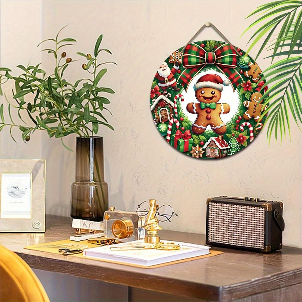 Wooden Christmas Sign with Gingerbread Man Pattern - Buffalo Plaid Navidad Ornament for Front Door Wall Hanging Decor - Ideal Christmas Ornament