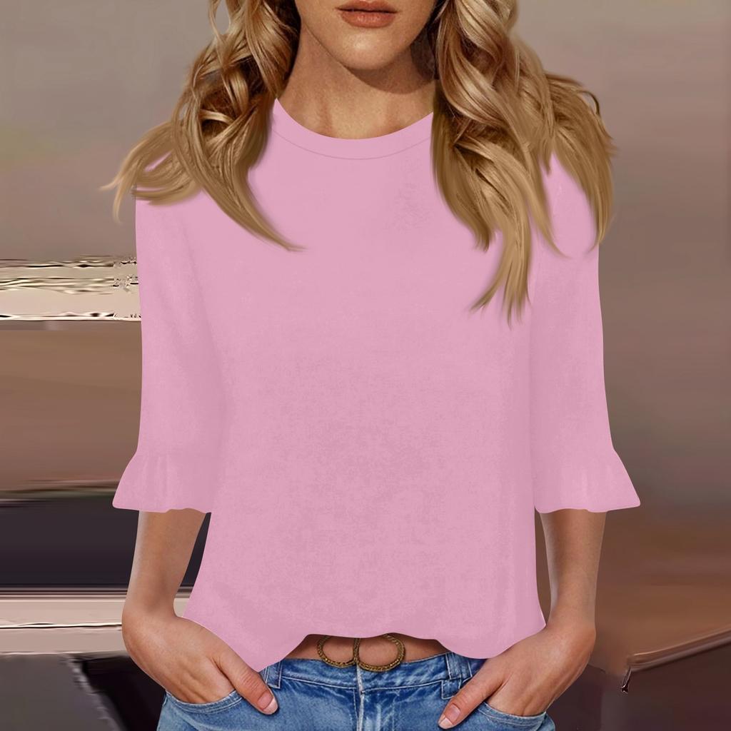 Women's Casual 3/4 Sleeve Top Summer O-neck Puffy Sleeve T-shirt Top