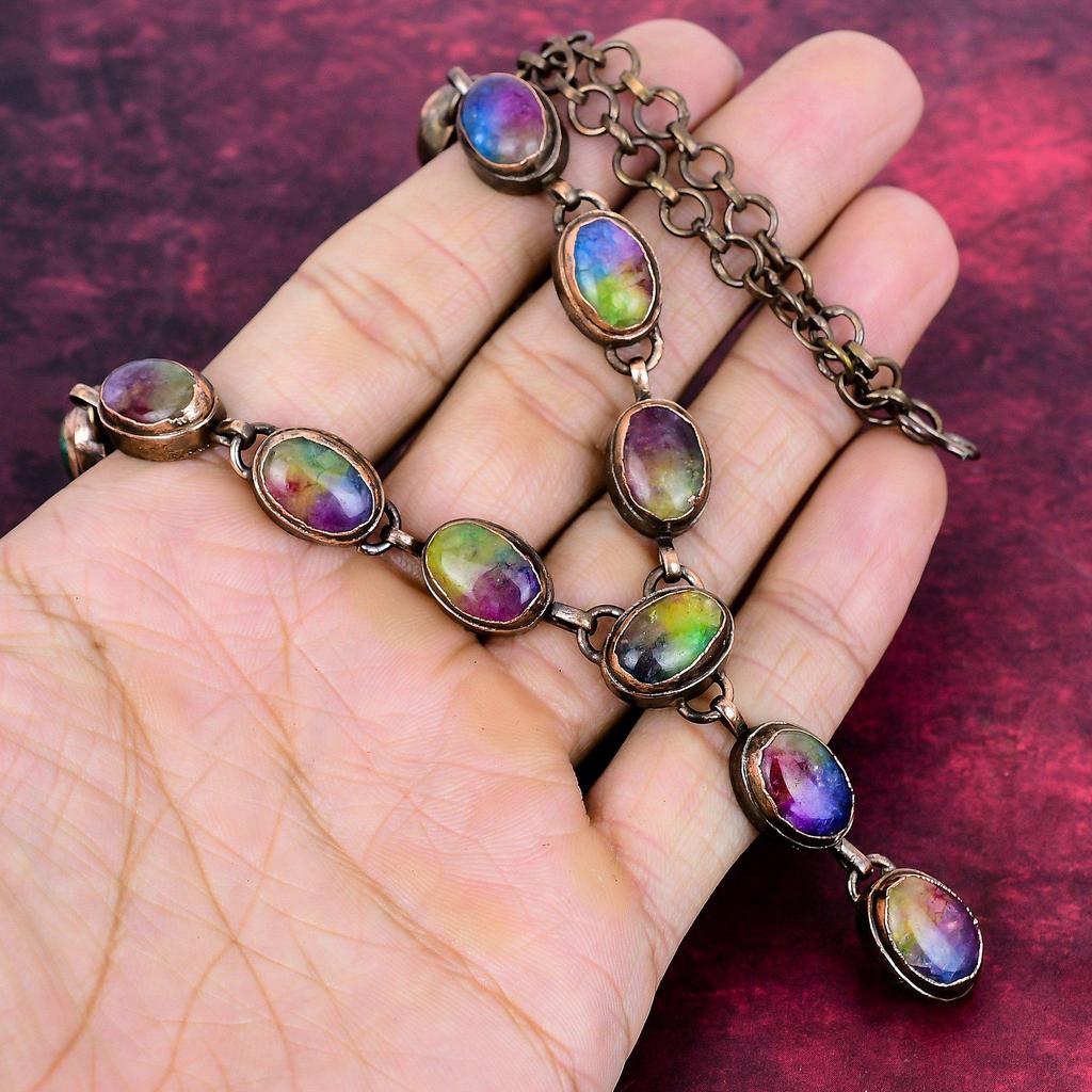 Collier Druse de Quartz Solaire Arc-en-ciel Cuivre Électroformé Collier Réglable