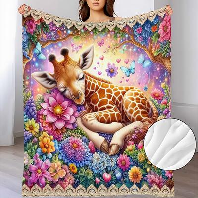 A Soft And Warm Fleece Blanket Featuring a Sleeping Giraffe Pattern, Perfect for Use On The Sofa, for Home Relaxation, As an Air Conditioning Blanket,