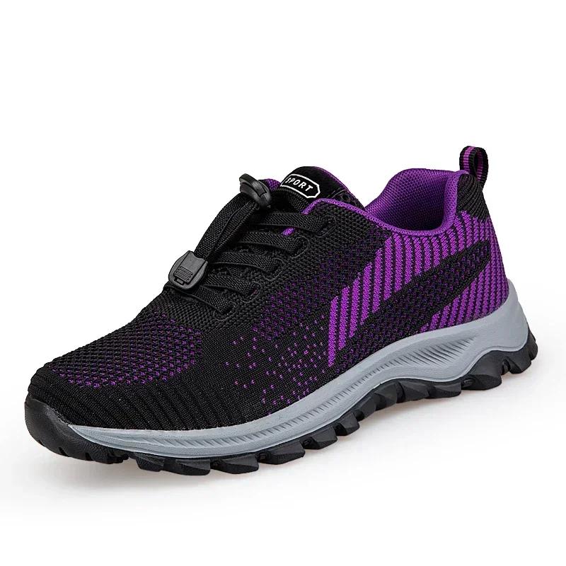 Outdoor Casual Sneakers Ladies Non-Slip Soft Elderly Walking Shoes Spring Flying Woven Breathable Hiking Shoes Women Autumn