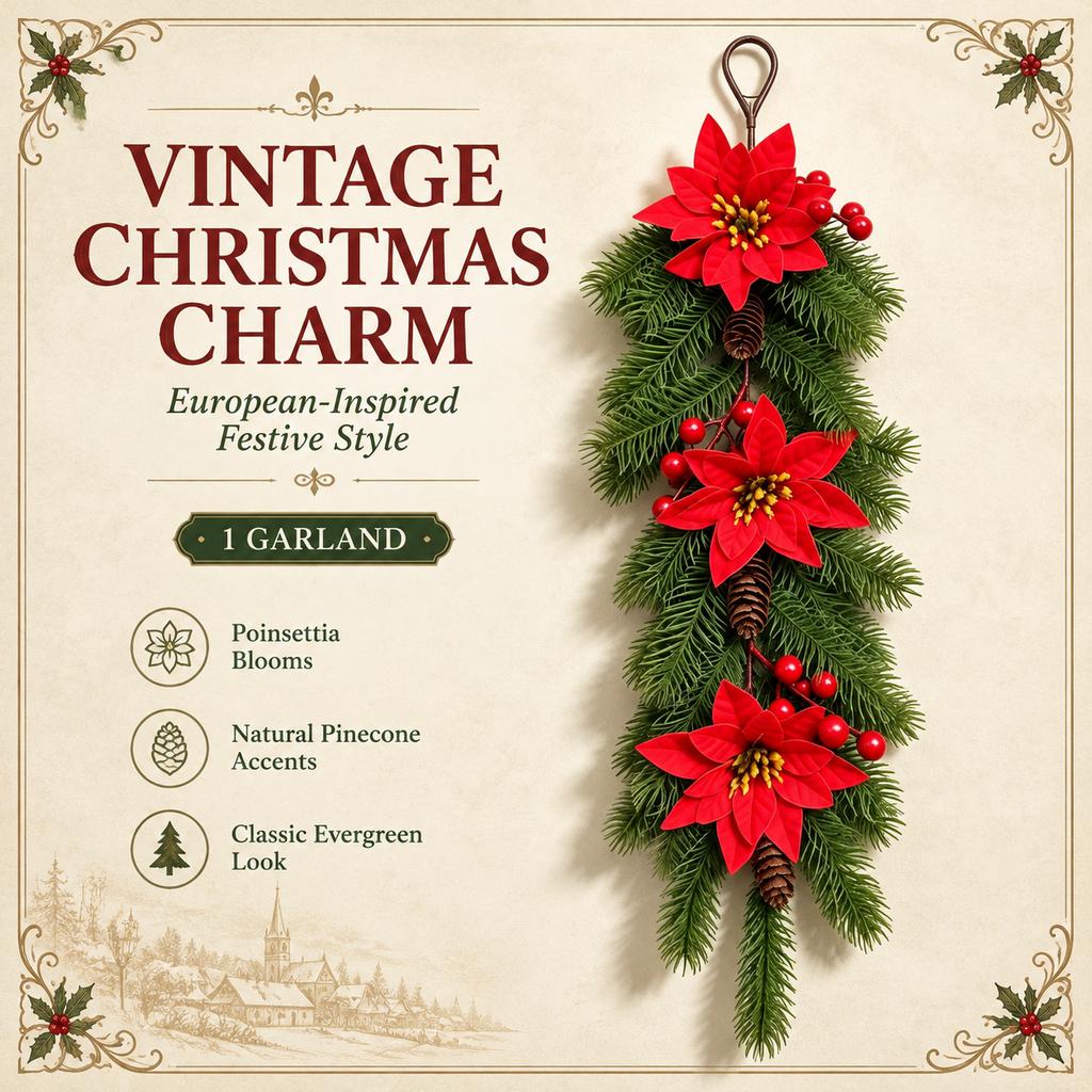 European Style Plastic Christmas Wreath Ornament with Pine Needles and Red Berries
