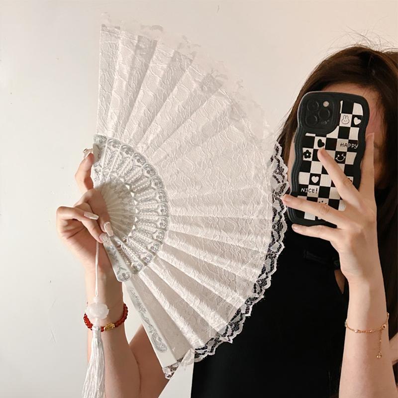 Retro Flower Folding Fan Hand Fan Lace Fan Chinese Japanese Classical Dance Fan Anniversary Wedding Party Dancing Props Gift Fan