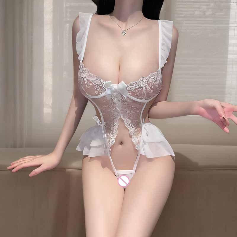 Sexy Lingerie Sexy Lace Embroidery Chest Gathering Jumpsuit Women's Hollowed Out Open Cut Pajamas Hot Temptation Uniform