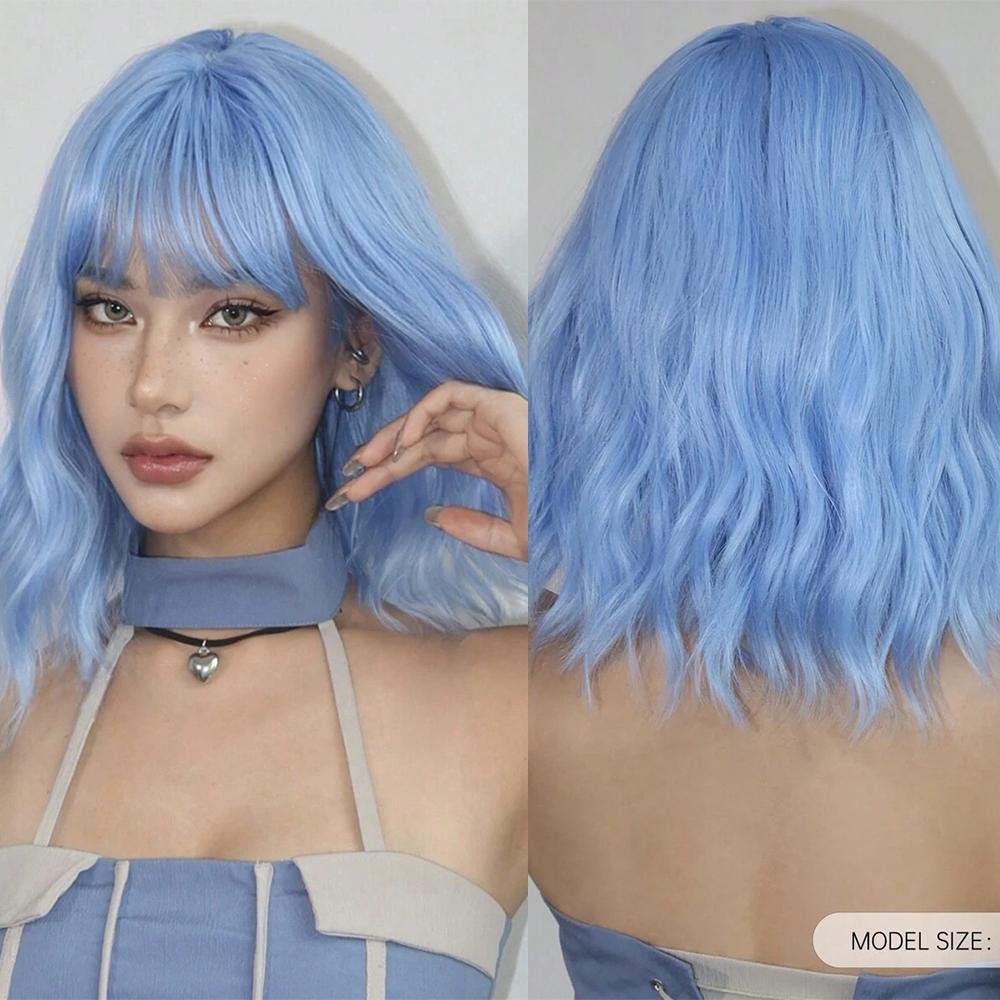 Short Wavy Wine Red Synthetic Wigs for Women Curly Lolita Wigs With Bangs Shoulder Length Wigs Natural Looking Daily Cosplay