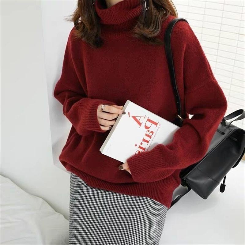 Autumn and winter explosion high-grade lazy style solid color knitted bottoming shirt thin top turtleneck pullover women's casual