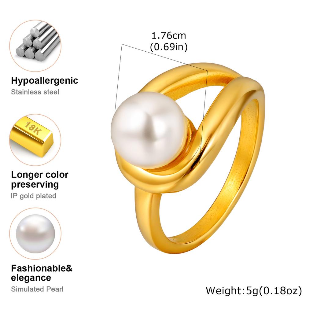 Size 7 Water Drop Imitation Pearl Ring for Women,Gold Plated Stainless Steel Wedding Finger Rings,Elegant Jewelry Gift