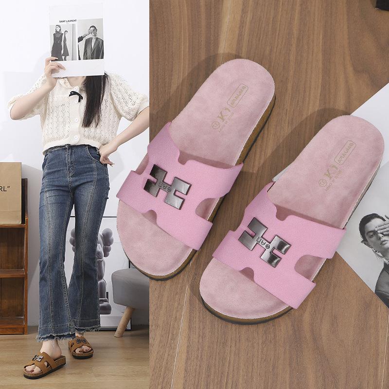 Summer H slippers soft-soled integrated loafers one-word slippers European and American large size one-pedal women's versatile shoes