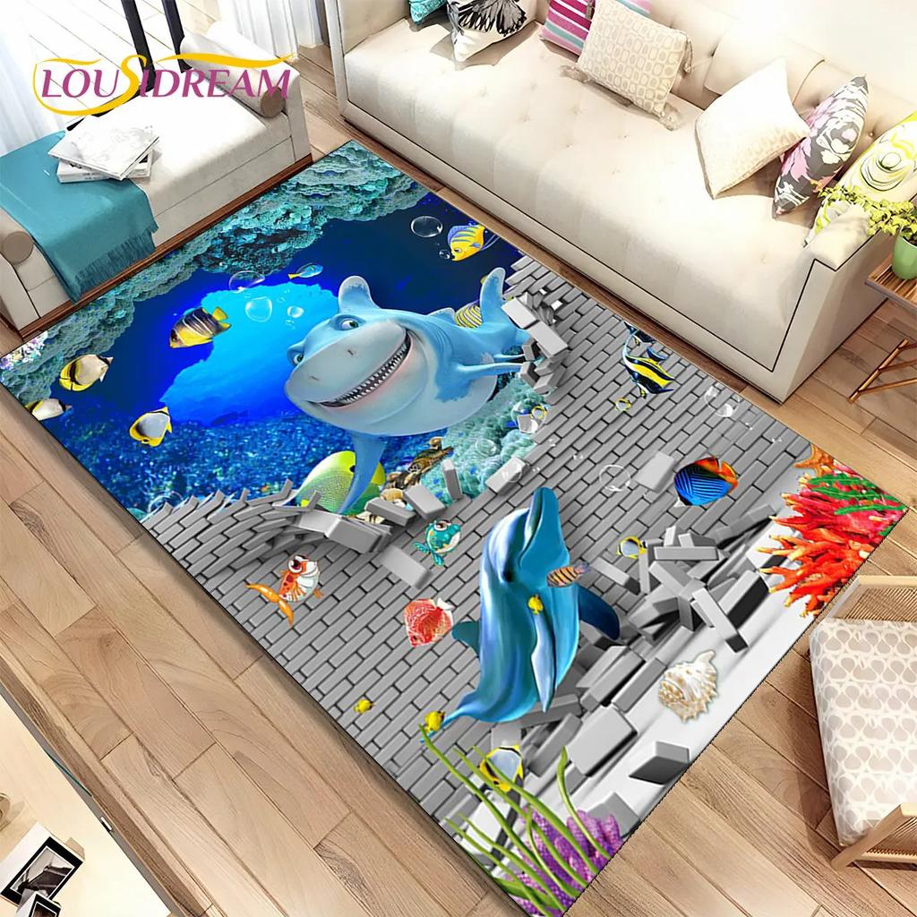 3D Illusion Seabed Underwater World Dolphin Shark Area Rug,Carpet Rug for Living Room Bedroom Sofa Doormat,Non-slip Floor Mat