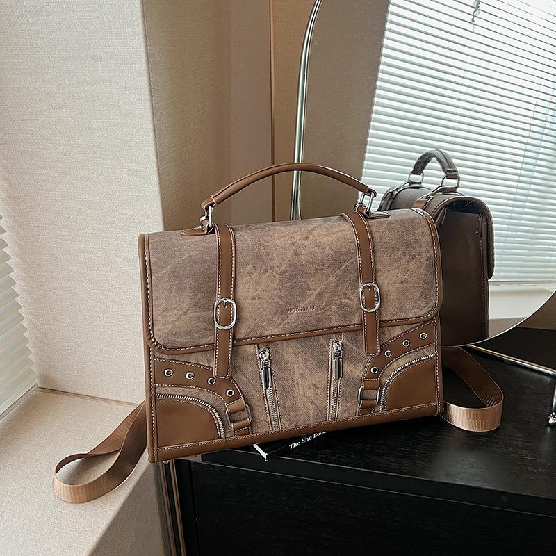 

Retro tote bag commuter luxury handbag women s bag 2025 new contrast briefcase backpack коричневый