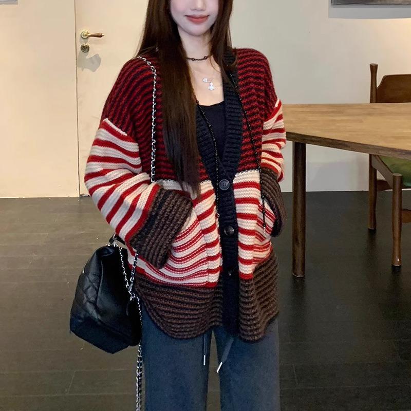 Retro striped contrasting sweater jacket women's autumn and winter new striped loose lazy wind pocket knitted cardigan jacket