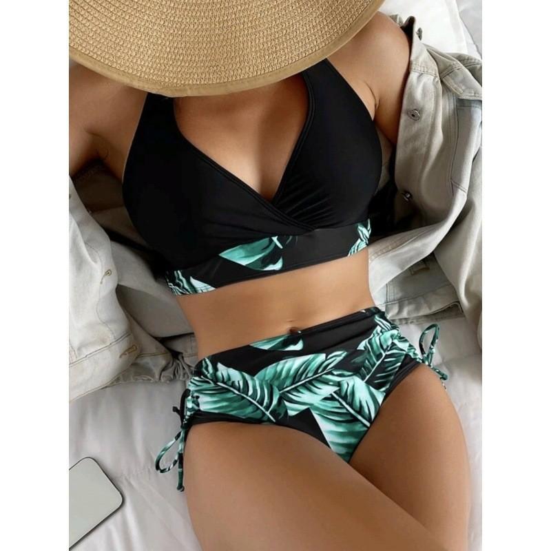 Leaf Print Patchwork Women's Swimsuit Sexy V Neck Bikini Set Halter Backless Swimwear Push Up Drawstring Bathing Suit Beachwear