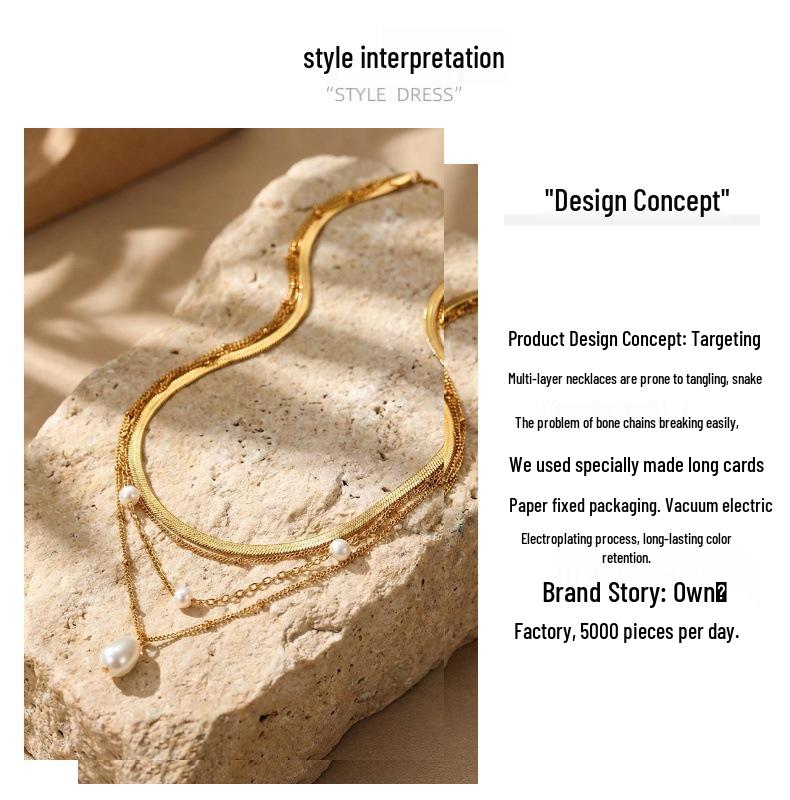 Shein Multilayer Snake Chain Pearl Pendant Necklace - French Style Accessories, Vacuum Electroplated, In Stock